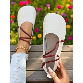Women's White Ballet Flats with Red Crisscross Straps – Elegant Round-Toe Slip-On Shoes for Picnics, Garden Parties and Everyday Wear