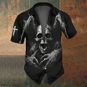 Men's Skull Death Costumes Shirt Button Up Shirt Short Sleeve Dark Gothic Style Holiday Summer Spring Turndown 3D Print Collared Shirts Black 1 Black