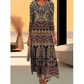 Women's Midi Dress T Shirt Dress Tee Dress A Line Dress Vacation Casual Boho Daily Holiday Date Regular Fit Floral Graphic Geometric Long Sleeve V Neck Blue Da