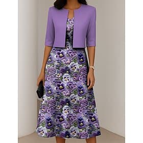 Per donna Insieme del vestito Abito a trapezio Elegante Casual Floreale Grafico Stampato Abito Midi Mezza Manica Girocollo Vacanza Formale Blu Viola Blu scuro
