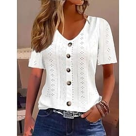 Women's Pointelle Shirt Eyelet Top Buttons Daily Short Sleeve V Neck Regular Tops Casual Daily Beach Sage Green Black White Pink Sky Blue Summer thumbnail 2