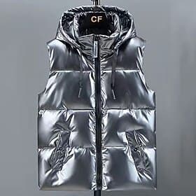 Men's Puffer Vest Vest Gilet Vacation Daily Date Fashion Casual Fall  Winter Pocket Polyester Warm Comfortable Solid Color Zipper Hooded Regular Fit Silver Bla