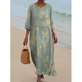 Women's Maxi Dress Linen Like Breathable Lightweight Kaftan 3/4 Length Sleeve Crew Neck Casual Shift Dress A Line Dress Dress Boho Daily Holiday Date Floral Da