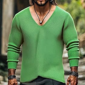 Men's Pullover Sweater Jumper Knit Sweater Ribbed Knit Regular Tops Knitted Plain V Neck Fashion Basic Vacation Daily Wear Clothing Apparel Fall Winter Black B