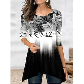 Women's T shirt Long Sleeve Floral Graphic Plants Vintage Stylish Classic Long Sleeve Crew Neck Round Neck Long Tops Daily Print Asymmetrical Black Gray  Sprin