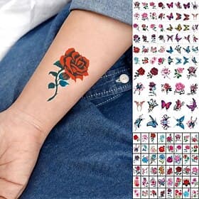 Trendy 3D Tattoo Stickers Waterproof Temporary Body Art For Women Colorful Rose Flower Butterfly Stylish Small Fresh Personality Design Scar Covering Tattoo