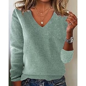 Women's Sweater Pullover Daily Stylish Casual Solid Color Ribbed V Neck Knitted Long Sleeve Regular Tops Knit Daily Holiday Going out White Yellow Fall Winter