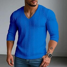 Men's Men V Neck Rib-knit Tee Ribbed Knit tee Tee Top Long Sleeve V Neck Summer Spring Fall Plain Jacquard Modern Casual Comfortable Buttons Basic Casual Home