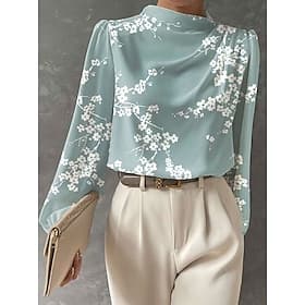 Women's Blouse Print Floral Graphic Elegant Stylish Basic Long Sleeve High Neck Regular Tops Daily Pink Orange Beige Light Blue Spring Fall