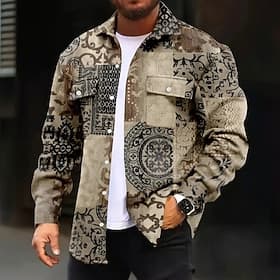 Men's Floral Print Ethnic Flowers Corduroy Shirt Shirt Jacket Overshirt Long Sleeve Vintage Retro Outdoor Dailywear Fall Winter Turndown Button-Down Warm Jacke