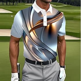 Men's Geometic Golf Polo Short Sleeve Polo Shirts Lapel Casual Athleisure Daily Wear 3D Print Buttons Summer Blue Sky Blue
