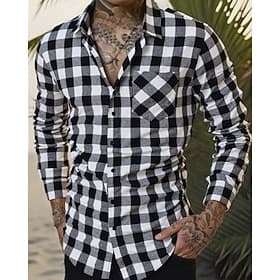 Men's Shirt Summer Shirt Casual Shirt Beach Shirt Button Up Shirt Black Blue Green Long Sleeve Plaid Lapel Vacation Hawaiian Pocket Clothing Apparel Polyester