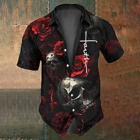 Men's Costumes Skulls Shirt Button Up Shirt Short Sleeve Dark Punk Gothic Style Holiday Summer Spring Turndown 3D Print Collared Shirts Black 1 Black Black 2