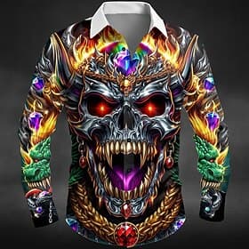 Men's Skull Dragon Flame Shirt Button Up Shirt Long Sleeve Dark Punk Gothic Style Outdoor Holiday Summer Spring Turndown 3D Print Collared Shirts Purple Orange