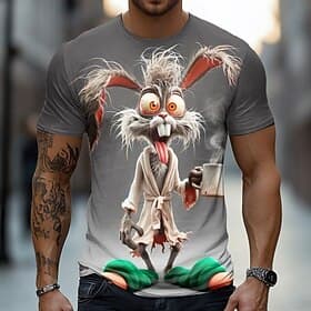 Men's Rabbit Rooster Funny T Shirt Short Sleeve T shirt 3D Print Crew Neck Shirt Exaggerated Designer Party Holiday Dark Gray Gray Summer Spring Clothing Appar