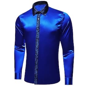 Men's Shirt Silk Like Satin Shirt Casual Shirt Button Up Shirt Prom Shirt Plain Formal Wedding Blue Long Sleeve Lapel Spring   Fall All Seasons Clothing Appare