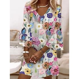 Women's Mini Dress Sundress A Line Dress Bohemia Vacation Casual Party Regular Fit Floral Graphic Abstract 3/4 Length Sleeve V Neck Pink Purple Light Blue Spri