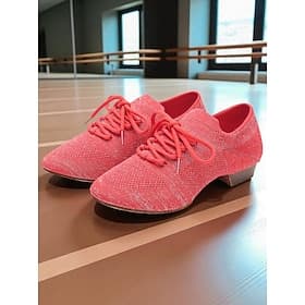 Women's Professional Dance Shoes - Coral Pink Flyknit Lace-Up Jazz and Practice Footwear with Low Heel, Lightweight and Breathable Design for Ballroom, Latin a