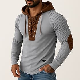 Men's T Shirt Tee Top Long Sleeve Shirt Long Sleeve Hooded Spring   Fall All Seasons Color Block Slim Pleated Designer Vintage Style Casual Lace up Patchwork V