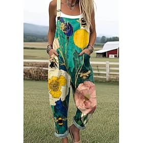 Damen 100% Baumwolle Latzhosen Aktive Blumen Ärmellos Ärmellos Gerade Quadrat Ausschnitt Tasche mit Tasche Urlaub Täglich Lockere Passform Hellgrün Blau Grün S