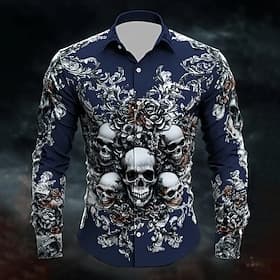 Men's Skull Costumes Shirt Button Up Shirt Casual Dress Shirt Long Sleeve Dark Gothic Style Holiday Summer Spring Turndown 3D Print Collared Shirts Black White