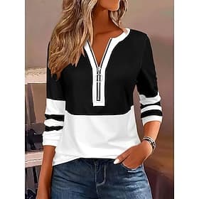 Women's T shirt Long Sleeve Graphic Color Block Striped Elegant Vintage Stylish Long Sleeve V Neck Regular Tops Daily Weekend Zipper Print Black Red Royal Blue
