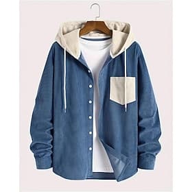 Men's Lightweight Jacket Corduroy Jacket Casual Jacket Vacation Daily Breathable Pocket Fall Winter Color Block Fashion Classic Hooded Regular Black Blue Army