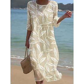 Women's Maxi Dress Linen Like Breathable Lightweight Kaftan 3/4 Length Sleeve Crew Neck Casual Dress A Line Dress Boho Regular Fit Graphic Leaf Yellow Pink Blu