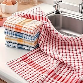 10-Pack Large Checkered Kitchen Cleaning Cloths – Absorbent, Reusable Polyester Towels in Red, Blue, Yellow  Orange for Sink, Table  Outdoor Use