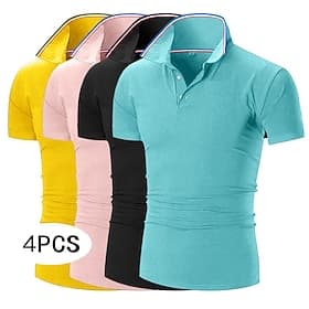 4pcs Men's Golf Shirt Pique Polo Shirt Business Casual Ribbed Polo Collar Short Sleeve Fashion Basic Solid Color Buttons 4-Piece Summer Spring  Fall All Season