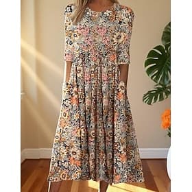 Women's Midi Dress Casual Dress Print Dress Basic Romantic Casual Vacation Daily Fall Dress Regular Fit Floral Graphic Half Sleeve Crew Neck Yellow Blue Orange
