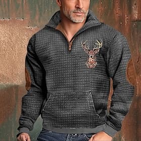 Men's Sweatshirt Quarter Zip Sweatshirt Black White Navy Blue Khaki Light Grey Half Zip Elk Print Sports  Outdoor Daily Holiday Polyester Streetwear Basic Casu