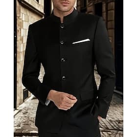 Men's Blazer Business Cocktail Party Wedding Party Fashion Casual Spring Fall Polyester Plain Pocket Buttons Comfortable Single Breasted Blazer Black
