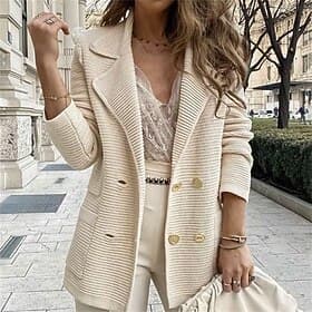 Women's Blazer Warm Comfortable Pocket Buttons Fashion Outdoor Plain Going out Weekend Single Breasted Regular Lapel Regular Fit Long Sleeve Outerwear Black Wh