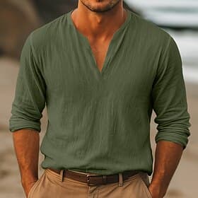Men's Shirt Linen Shirt Summer Shirt Beach Shirt Solid Color Vacation Casual Black White Green Khaki Long Sleeve V Neck Summer Spring Clothing Apparel Basic