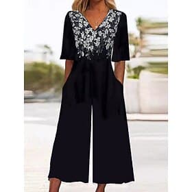 Women's Normal Jumpsuit Active Floral 3/4 Length Sleeve Wide Leg V Neck High Waist Vacation Daily Regular Fit Black Red Blue Summer