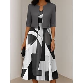Women's Dress Set A Line Dress Summer Dress Casual Semi Formal Ombre Graphic Print Midi Dress Half Sleeve V Neck Vacation Date Pink Green Gray Spring Fall Regu
