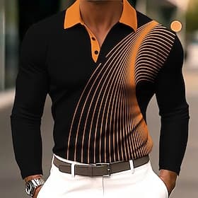 Homme Géométrique Ligne Polo manche longue Polos Revers Vêtement décontracté de travaile Athleisure Tenue quotidienne Impression 3D Boutons Printemps Automne H thumbnail 2
