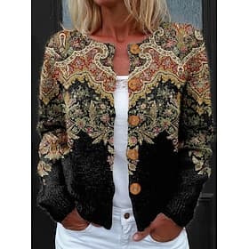 Women's Cardigan Sweater Knitted Ribbed Button Front Round Neck Long Sleeve Lightweight Daily Geometric Paisley Crew Neck Buttons Print Regular Tops Knit Outdo