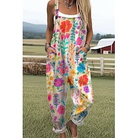 Women's Dungarees Active Floral Sleeveless Sleeveless Straight Square Neck Pocket with Pocket Daily Beach Loose Fit White Pink Purple Summer