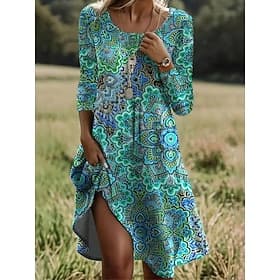 Damen Midikleid T-Shirt-Kleid Sommerkleid A Linie Kleid Lässig Täglich Ferien Date Normale Passform Blumen Grafik Langarm Rundhalsausschnitt Blau Schwarz Weiß
