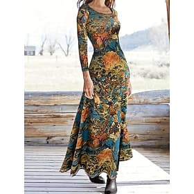 Women's Maxi Dress Sheath Dress A Line Dress Casual Boho Beach Wedding Guest Regular Fit Floral Graphic Long Sleeve Crew Neck Blue Spring Fall Winter