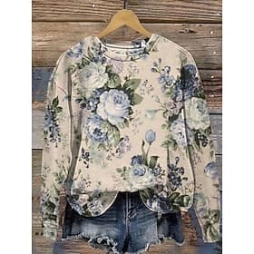 Women's Pullover Sweatshirt Print Floral Graphic Warm Active Vintage Long Sleeve Round Neck Regular Tops Casual Street Dailywear Blue Yellow Pink Red Beige Spr
