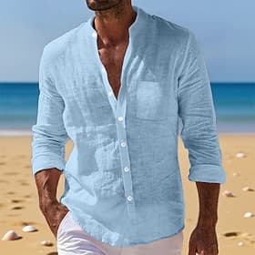 Men's Shirt Linen Shirt Summer Shirt Beach Wear Button Up Shirt Plain Vacation Daily White Yellow Navy Blue Blue Long Sleeve Band Collar Summer Fall Clothing A