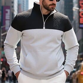 Men's Hoodie Waffle Sweatshirt Quarter Zip Hoodie Fleece Hoodie Fleece lined Hoodie Black Army Green Navy Blue Camel Light Grey Hooded Plain Patchwork Color Bl
