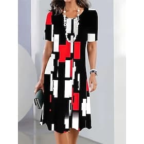 Women's Elegant Party Evening Midi Dress Crew Neck Short Sleeve Shift Dress A Line Dress Casual Boho Daily Regular Fit Graphic Geometric Plaid Black Summer Spr