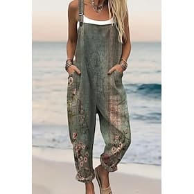 Salopettes en coton 100 % pour femmes actives florales sans manches harem à col carré avec poche vacances quotidien coupe ample vert armée vert beige été