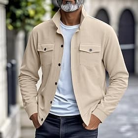 Men's Lightweight Jacket Corduroy Jacket Casual Jacket Vacation Daily Breathable Pocket Spring Fall Plain Fashion Classic Lapel Regular Black Brown Light Grey