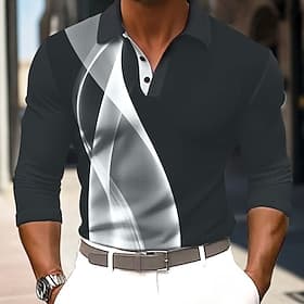 Men's Striped Waffle Polo Shirts Long Sleeve Polo Shirts Collar Business Casual Outdoor Vacation Formal Dailywear 3D Print Buttons Spring Fall Winter Yellow