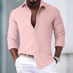 Men's Shirt Waffle Shirt Summer Shirt Casual Shirt Button Up Shirt khaki Long Sleeve Plain Lapel Casual Daily Clothing Apparel Cotton Fashion Casual Comfortabl